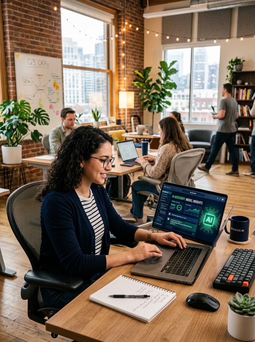 Woman using laptop showing AI model insights in an open office environment